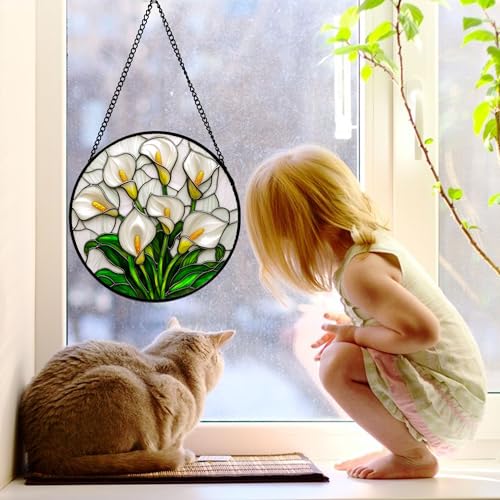 White Calla Lily Bouquet Stained Glass Window Hanging Suncatcher Gifts 9.8"
