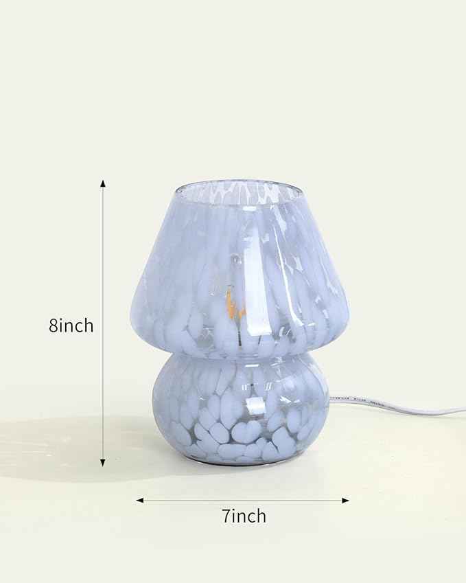 ONEWISH Mushroom Lamp Small Bedside Table Lamp-Nightstand Nightlight Dimmable Stepless, Translucent Glass Desk Lamp for Bedroom Dorm Living Kitchen, Murano Style Aesthetic Cute Home Decor(Blue)
