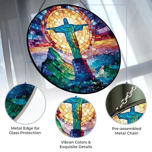 Christ The Redeemer Stained Glass Window Hanging Customized Suncatcher 12" Glass Panel with Metal Chain Sun Catchers Wall Art Home Decor Gift for Women Mother's Day