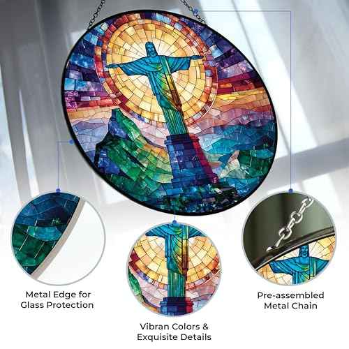 Christ The Redeemer Stained Glass Window Hanging Customized Suncatcher 12" Glass Panel with Metal Chain Sun Catchers Wall Art Home Decor Gift for Women Mother's Day