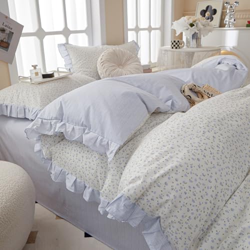 Twin XL Comforter Set Blue Floral Bedding Comforter Fluffy Soft Microfiber Cottagecore Bedding Set Floral Ruffle Comforter with 2 Pillowcases Cute Flower Botanical Comforter Set for Teen Girls (3 Piece Set)