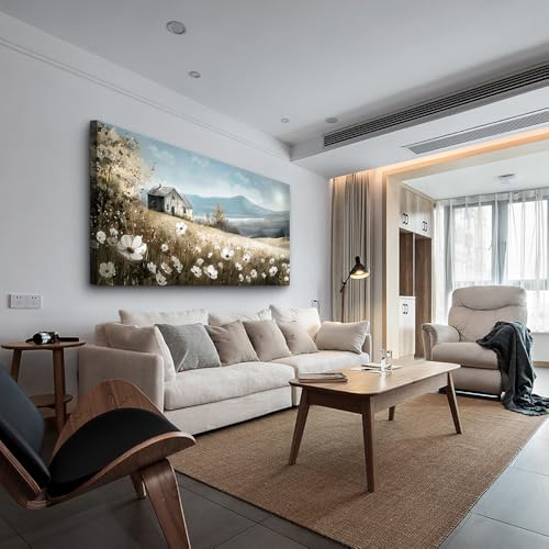 Canvas Wall Art For Living Room Large Wall Decor For Bedroom Field Scenery Watercolour Flowers Wall Paintings Office Decorations Old House Pictures Artwork Home Decor Ready To Hang 48L x 24W