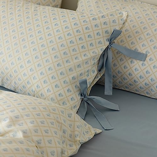Blue Flower Comforter Set Full Checkered Grid Floral Comforter Set Kids Girls Vintage Country Style Coquette Bedding Comforter Full with 2 Bow Tie Pillowcases Cute Flower Botanical Comforter Set (3 Piece Set)