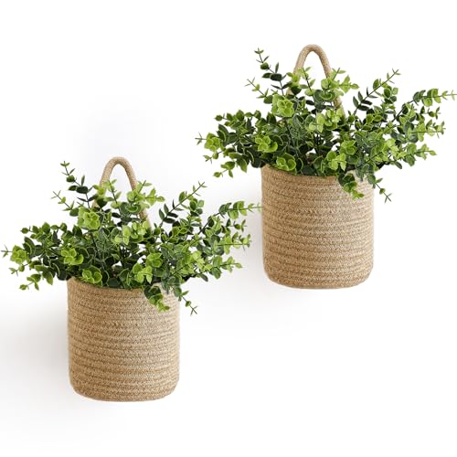 2Pcs Woven Hanging Wall Basket 5.5"W×6.2"H with Artificial Eucalyptus (2 Count)