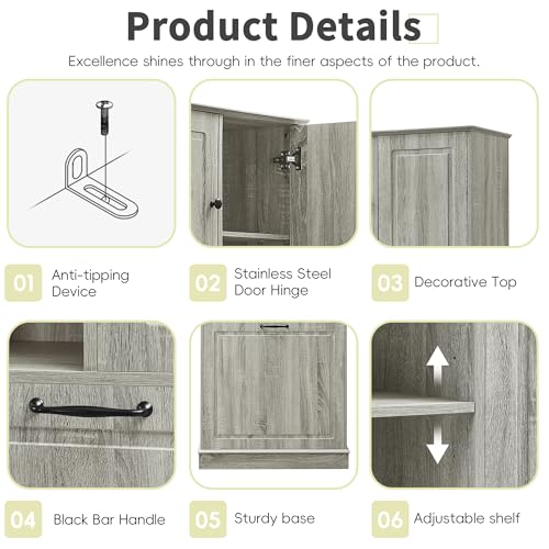 68" Tall Bathroom Storage Cabinet with Two Doors and Laundry Hamper for Home Display Organizer