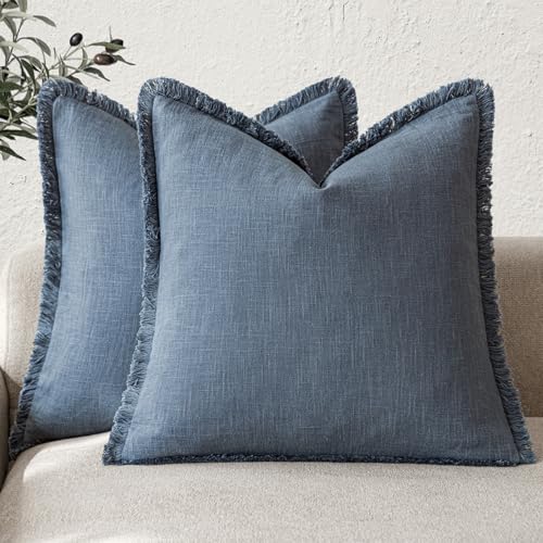 Decorative Linen Fringe Throw Pillow Covers 18×18 Inch (2 Count)