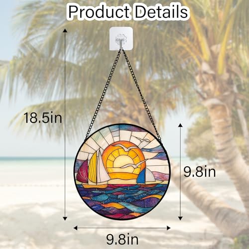 Sunset Sailboat Stained Glass Window Hanging Suncatcher Gifts Decor 9.8"