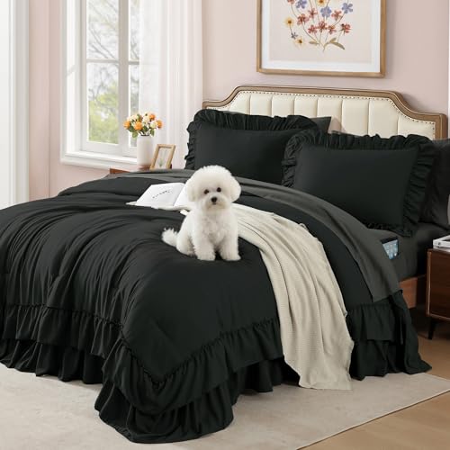 Queen Comforter Set Black Ruffle 7 Pieces Farmhouse Bed in a Bag