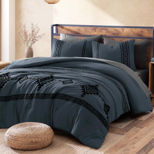 Embroidery King Size Comforter Set 7 Pieces Blue Grey Bed in a Bag