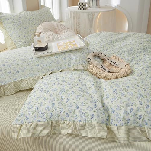 Green Floral Comforter Set Twin XL Romantic Ruffled Comforter Blue Flower Bedding Comforter Set Soft Microfiber Floral Bedding Set Lightweight Fluffy Vintage Botanical Comforter for All