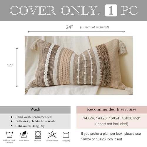 Decorative Lumbar Throw Pillow Cover 14x24 Boho Brown Accent Cushion for Couch Sofa Farmhouse Pillowcase for Bedroom Living Room Home Décor Cover ONLY