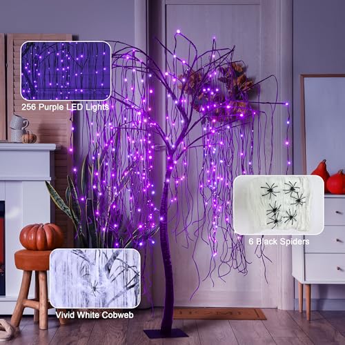 7 FT Halloween Lighted Willow Tree 256 LED Purple Lights Artificial Weeping Willow Tree with 6 Spiders Outdoor Indoor Decoration Christmas Festival Decor (Purple)