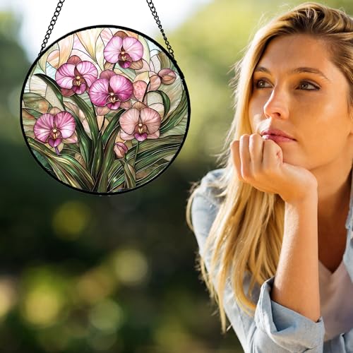 Phalaenopsis Orchid Stained Glass Window Hanging Decor Gifts for Women 15"