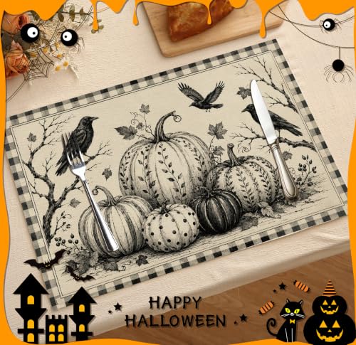 Halloween Placemats Set of 4 Crow Pumpkin Linen Table Mats Gingham 18x12 (4 Count)