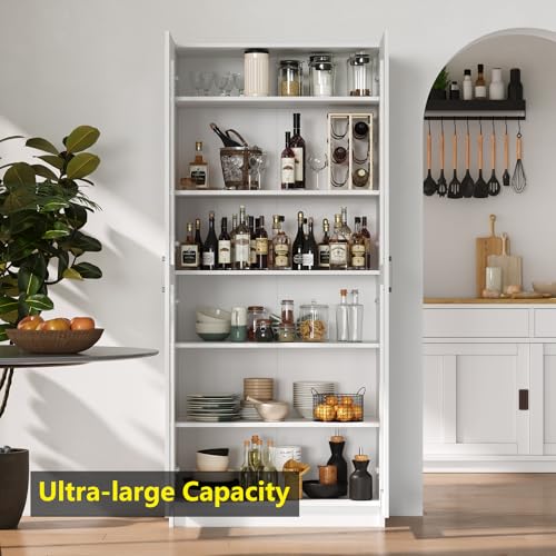 White Tall Kitchen Pantry Cabinet Organizers and Storage with Doors and Adjustable Shelves