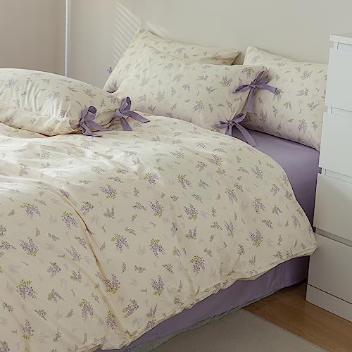 Lilac Comforter Set Twin XL Girls Purple Flower Bedding Comforter Vintage Garden Floral Comforter Set Fluffy Soft Botanical Comforter with 2 Bow Ties Pillowcases for Girls Women Twin XL Size