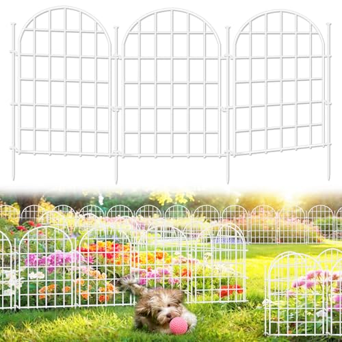 13.8ft(L) x 17in(H) Panels Garden Fence, 12 Panels Arched No Dig Fence, Decorative Animal Barrier Fencing with Ground Stake, Rustproof Metal Garden Edging Border for Dog, Outdoor Patio Decor, White