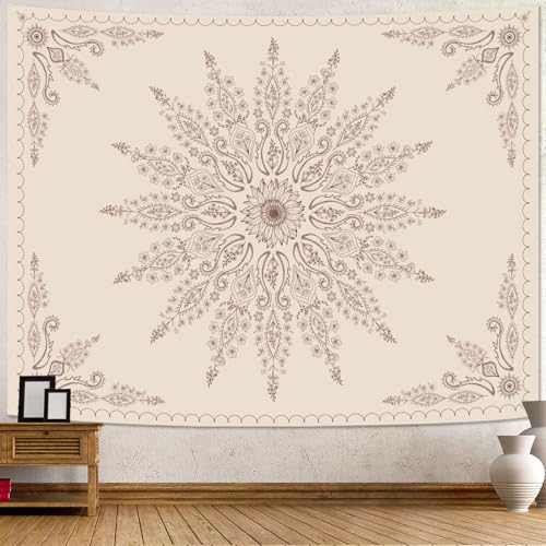 Boho Floral Mandala Tapestry for Bedroom Aesthetic Bohemian Flower Wall Tapestry Beige Hippie Indian Small Tapestries Wall Hanging for Living Room Dorm Decor 40 x 30 Inch