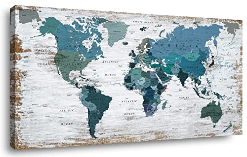 Teal Decor World Map Canvas Wall Art Pictures for Living Room Wall Decoration Blue Wall Decor Office World Map Wall Art Picture Framed Artwork for Home Bedroom Decoration 30"x60"