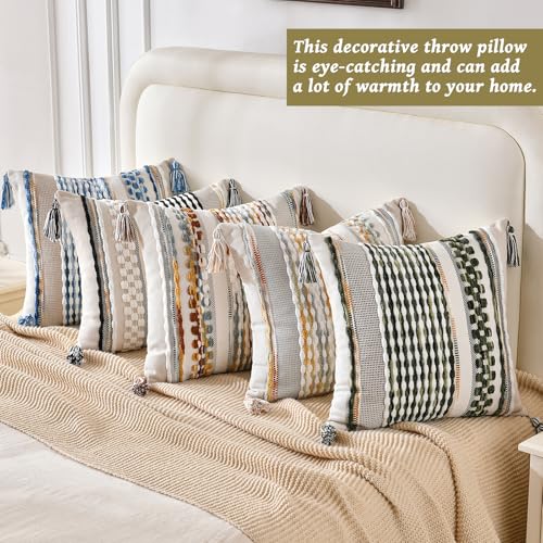 Set of 2 Chenille Striped Textured Boho Throw Pillow Covers Aesthetic with Tassels Woven Decorative Pillow Case for Couch Bed Sofa Bedroom Modern Funky 18 x 18 (2 Count)