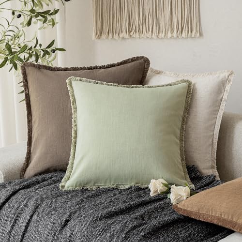 Decorative Linen Fringe Throw Pillow Covers 18×18 Light Green (2 Count)
