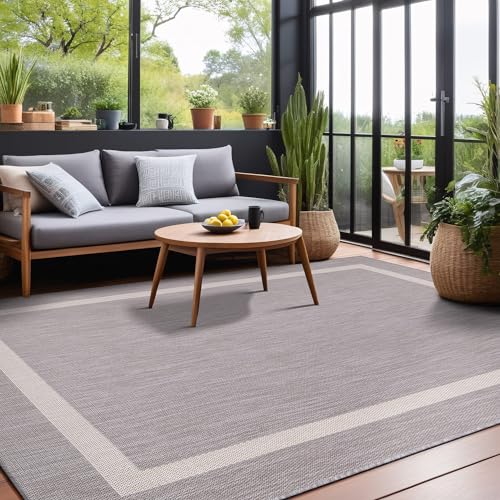 Bordered Outdoor Rug 10x14 Washable Outside Carpet for Indoor Patio Porch Waterproof Easy Cleaning Non Shedding Area Rugs Gray 10 x 14