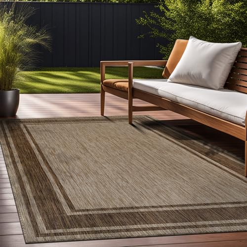 Outdoor Rug 6x9 Modern Bordered Area Rugs for Indoor and Outdoor Patio Deck Porch Garden Waterproof Weather Sun Resistant Washable Outside Carpet