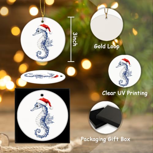 Blue Chinoiserie Santa Seahorse Christmas Ceramic Ornament