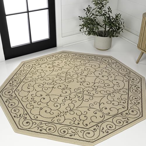 Vintage Filigree Indoor Outdoor Octagon Area Rug 8 Ft Beige