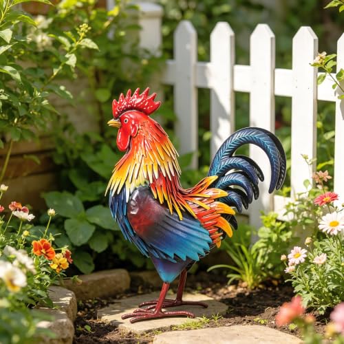 Rooster Garden Statue Sculpture Metal Chicken Yard Decor Outdoor Figurines Patio Backyard Decoration