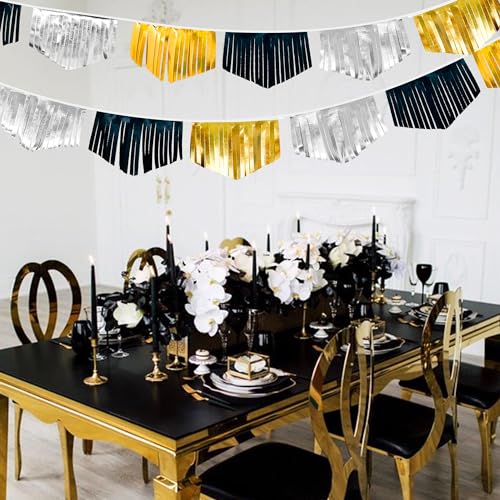 Black Silver Gold Tassel Banner Double Sided Metallic Fabric Pennant Bunting Flag Garland for Graduation Birthday Anniversary Bachelorette Engagement Wedding Bridal Shower Party Decorations Supplies (16.93 Foot)