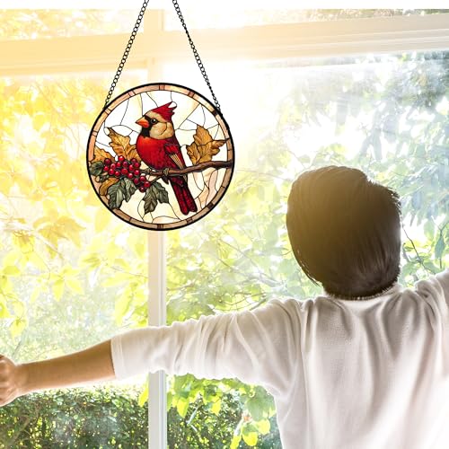 Festive Cardinal Berry Stained Glass Window Hanging Suncatcher Gifts 6.3"