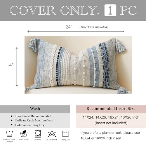 Decorative Lumbar Throw Pillow Cover 14x24 Boho Coastal Blue Accent Cushion for Couch Sofa Farmhouse Pillowcase for Bedroom Living Room Home Décor Cover ONLY