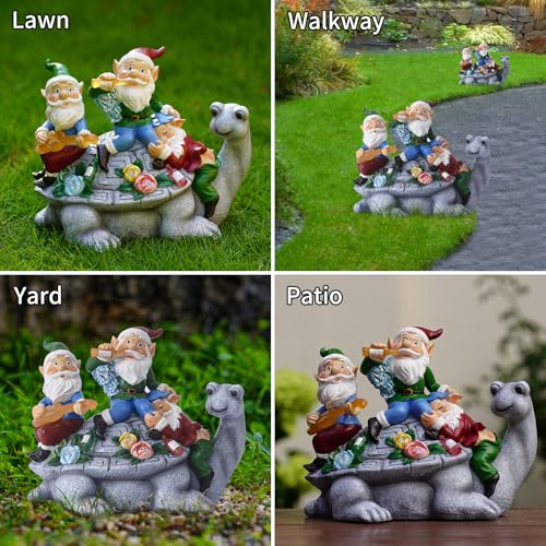 Upgraded Size Solar Garden Outdoor Statues Gnome Turtle Three Gnomes Having Party on Turtle with 7 LED Lawn Decor Outside Decorations for Patio