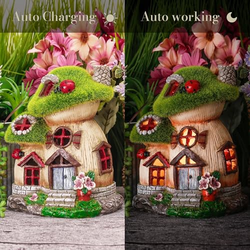 Mushroom Statue Solar Resin Flocked Garden Decor 8"