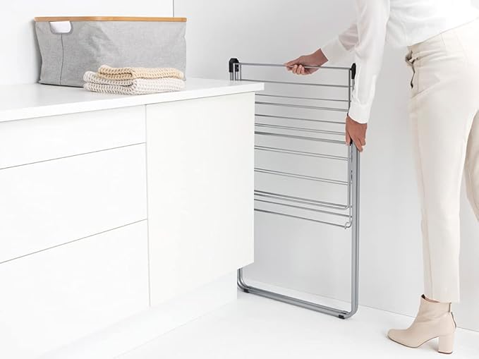 Brabantia HangOn Compact Clothes Drying Rack | 49ft (15m) | Metallic Gray | Small Indoor Clothes Airer Laundry Stand with 2 Fold-out Wings & Hanger Hooks, Folds Flat, Ideal for Condos | Fits Full Load