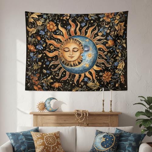 Sun and Moon Tapestry for Bedroom Boho Vintage Floral Hippie Wall Tapestry Aesthetic Retro Flower Plant Small Tapestries Wall Hanging for Living Room Dorm Decor 48 x 36 Inch