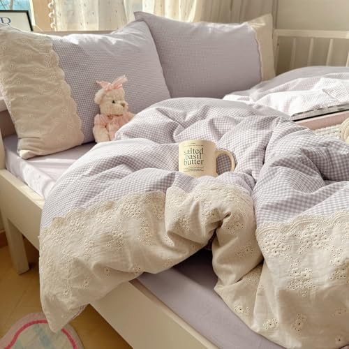 Purple Gingham Comforter Set King 3 Pieces Purple Grid Bedding Comforter with Romantic White Lace Fluffy Soft Microfiber Farmhouse Gingham Bedding Set Vintage Plaid Checkered Comforter Set