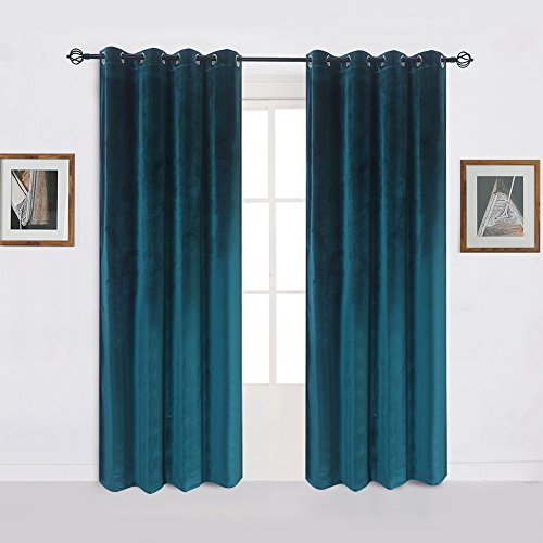Super Soft Luxury Velvet Set of 2 Dark Green Blackout Energy Efficient Grommet Top Curtain Curtain Panel Drapes Peacock Blue 52Wx120L