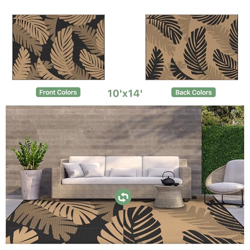 Outdoor Rug Waterproof Plastic Rugs 10'x14' for Camping Black Brown (140 Sq Ft)