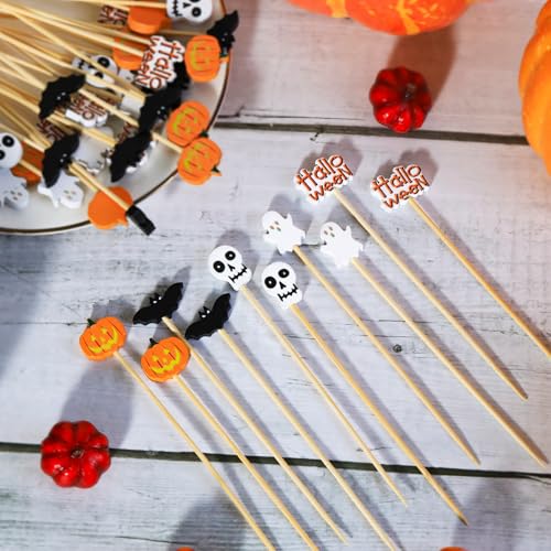 100Pcs Halloween Cocktail Picks Skull Ghost Pumpkin Bat Theme Decor