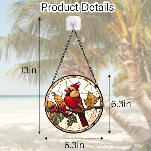 Festive Cardinal Berry Stained Glass Window Hanging Suncatcher Gifts 6.3"