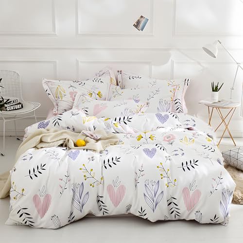 Girls Floral Comforter Set Twin XL Chic Flowers Leaves Pattern Comforter with 2 Pillowcases Fluffy Soft Cute Floral Bedding Set 3 Pieces Cottagecore Bedding Vintage Flowers Botanical Comforter Set