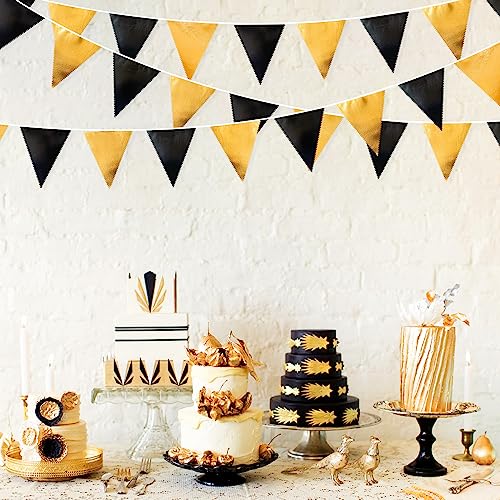 Black and Gold Party Decorations Triangle Pennant Banner Flag Metallic Fabric Bunting Garland for Birthday Graduation Anniversary Wedding Bachelorette Bridal Shower Engagement Hen Party Supplies (36 Count)