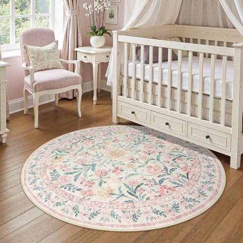Pink Floral Round Rugs 5ft