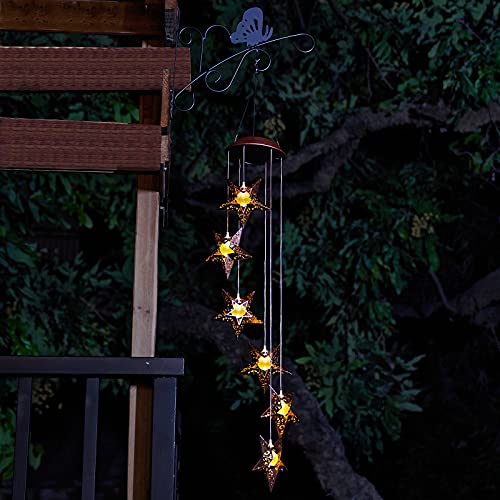 Solar Wind Chimes Star Wind Chime Warm LED Hanging Solar Lights Unique Garden Decor Memorial Thanksgiving Gifts for Mom Grandma Sister Home Party