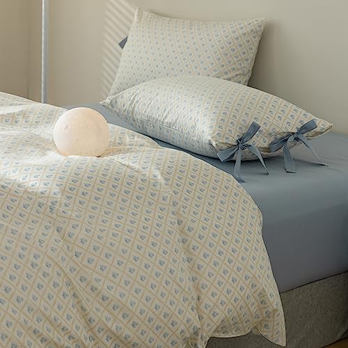 Blue Flower Comforter Set Full Checkered Grid Floral Comforter Set Kids Girls Vintage Country Style Coquette Bedding Comforter Full with 2 Bow Tie Pillowcases Cute Flower Botanical Comforter Set (3 Piece Set)