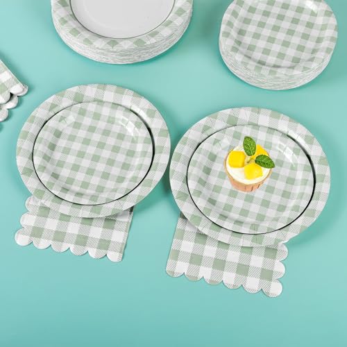 150Pcs Sage Green Gingham Party Supplies Green Gingham Paper Plates and Napkins Green Plaid Plates Disposable Greeny and White Plaid Party Decor for Birthday Family Picnic BBQ Party (150 Count)