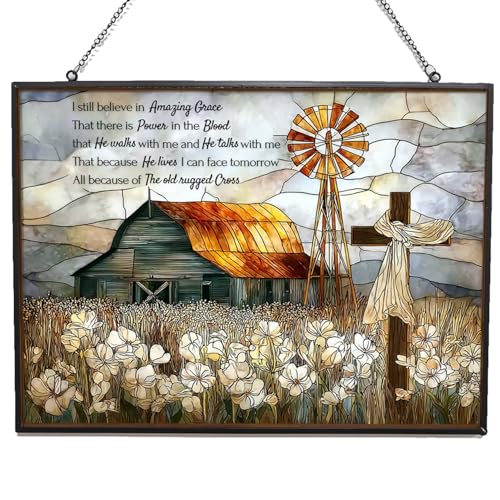 Rectangle Christian Grace Barn Cross Stained Glass Suncatcher