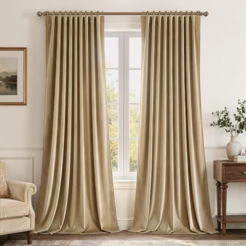 Beige Velvet Pinch Pleat Blackout Curtains W52 X L90 Inches